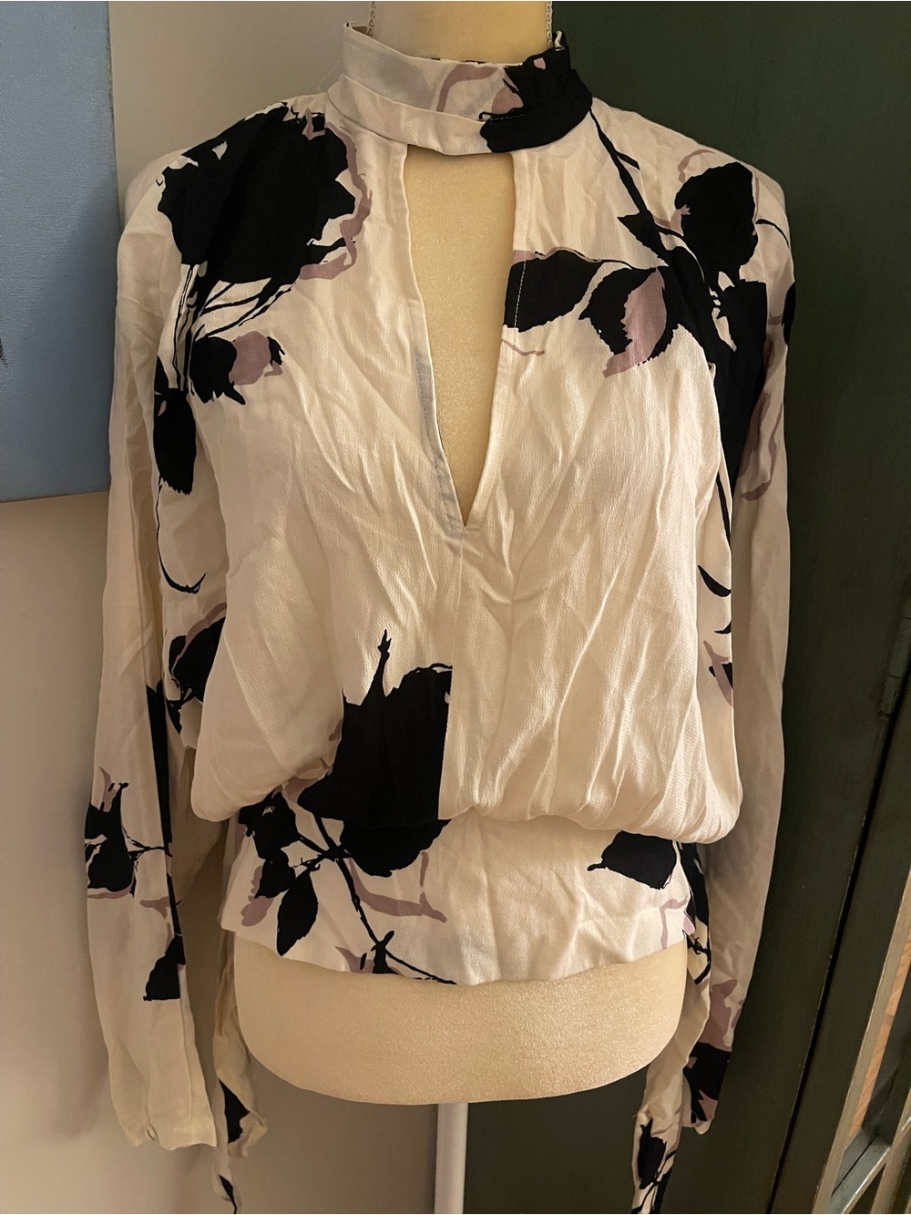 Free People Cream Blouse with Black & Mauve Floral Print